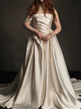 Off-Shoulder Cream Satin Bridal Gown